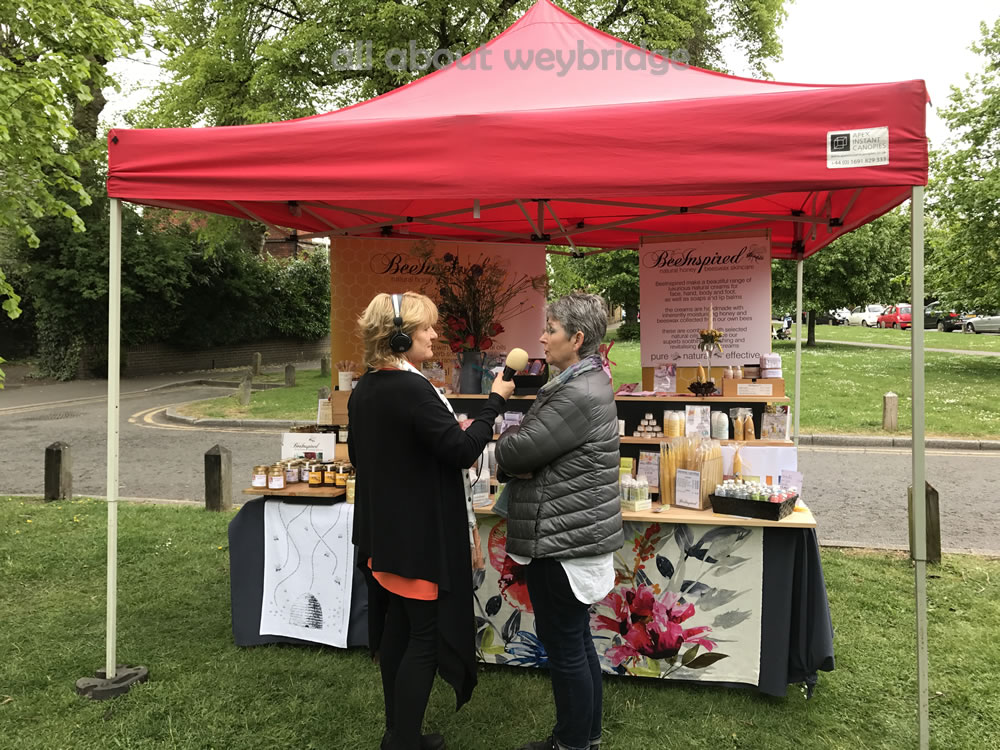 brooklaBrooklands Radio based in Weybridge Surrey interview with Bee Inspired Satll Holder at the Great Weybridge Bake Off on Monument Green