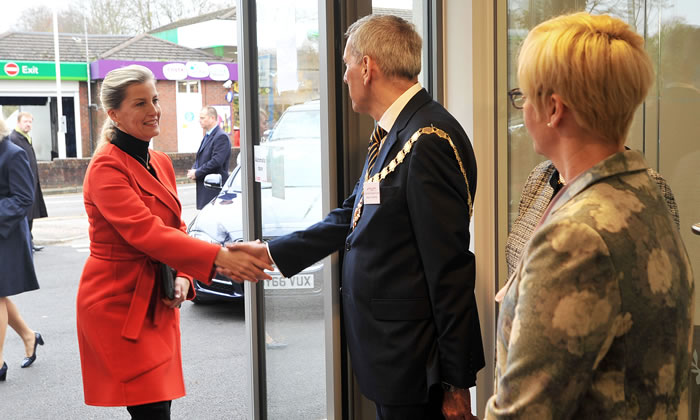 Sophie Countess of Wessex arrives at Woking & Sam Beare Hospice, greeted by Mayor & CEO Jayne Cooper