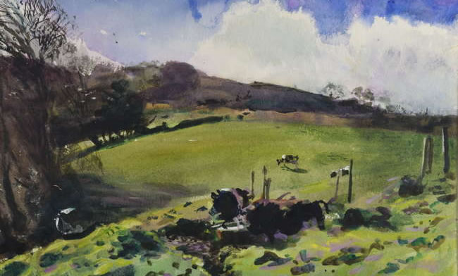 Surrey Art Auction in Woking - Howard Morgan Royal Academy British -Pencamfa watercolour landscape depicting cows in a field signed, titled and dated,