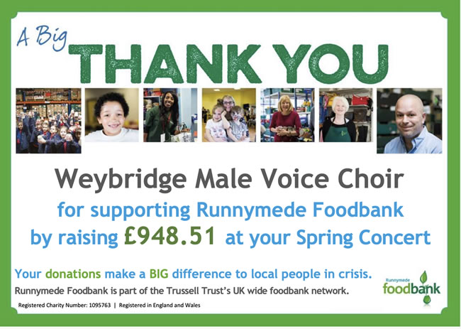 Runnymede Foodbank Charity Certificate - Thank You To Weybridge Male Voice Choir
